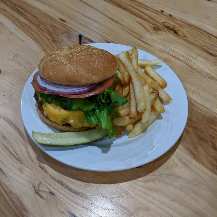 Cheeseburger and Fries served for lunch
